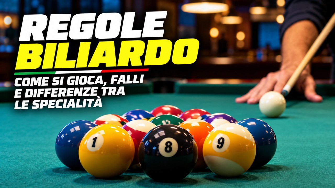 Regole biliardo: tavolo da pool con biglie numerate, stecca e giocatore durante la preparazione di un tiro.