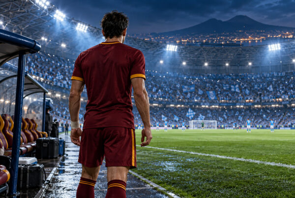Roma infortuni Napoli: calciatore giallorosso di spalle a bordo campo, davanti allo stadio illuminato per la sfida.