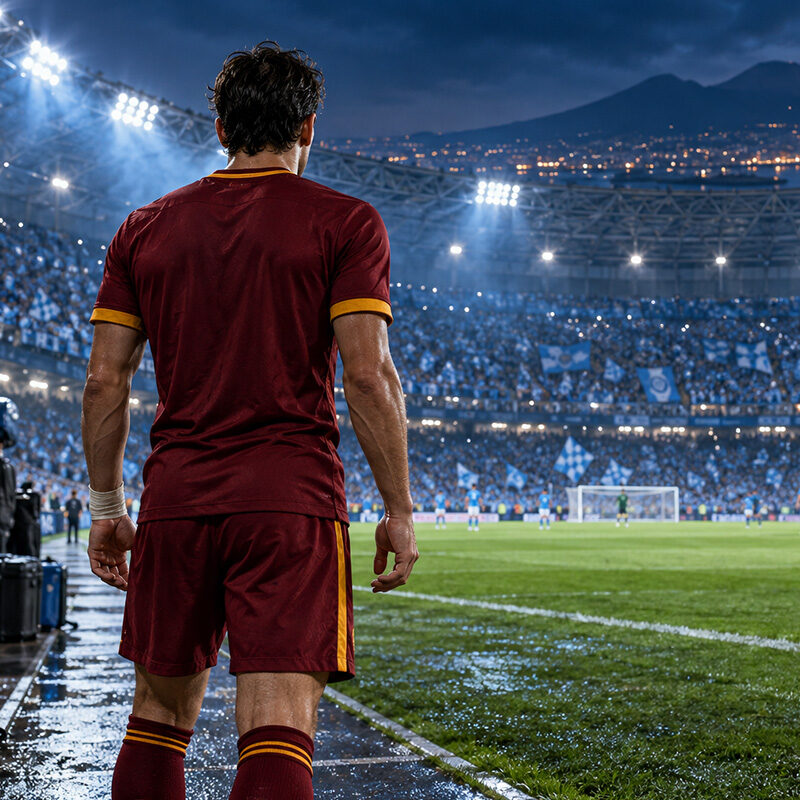 Roma infortuni Napoli: calciatore giallorosso di spalle a bordo campo, davanti allo stadio illuminato per la sfida.