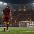 Roma-Real Madrid 3-4: illustrazione di un calciatore giallorosso di spalle, deluso, mentre gli avversari festeggiano sullo sfondo.