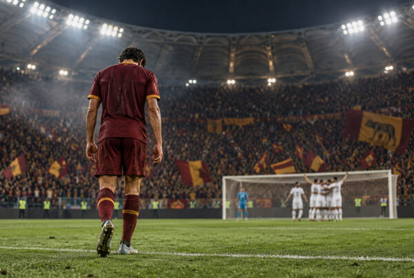 Roma-Real Madrid 3-4: illustrazione di un calciatore giallorosso di spalle, deluso, mentre gli avversari festeggiano sullo sfondo.