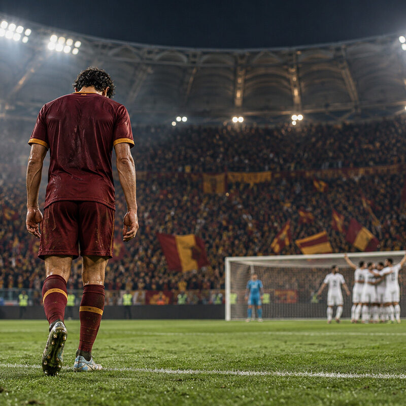Roma-Real Madrid 3-4: illustrazione di un calciatore giallorosso di spalle, deluso, mentre gli avversari festeggiano sullo sfondo.