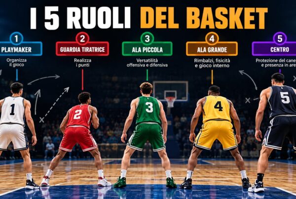 Ruoli basket: i cinque giocatori visti di spalle sul campo, con le posizioni di playmaker, guardia tiratrice, ala piccola, ala grande e centro.