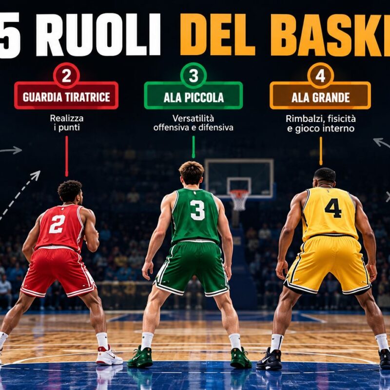 Ruoli basket: i cinque giocatori visti di spalle sul campo, con le posizioni di playmaker, guardia tiratrice, ala piccola, ala grande e centro.