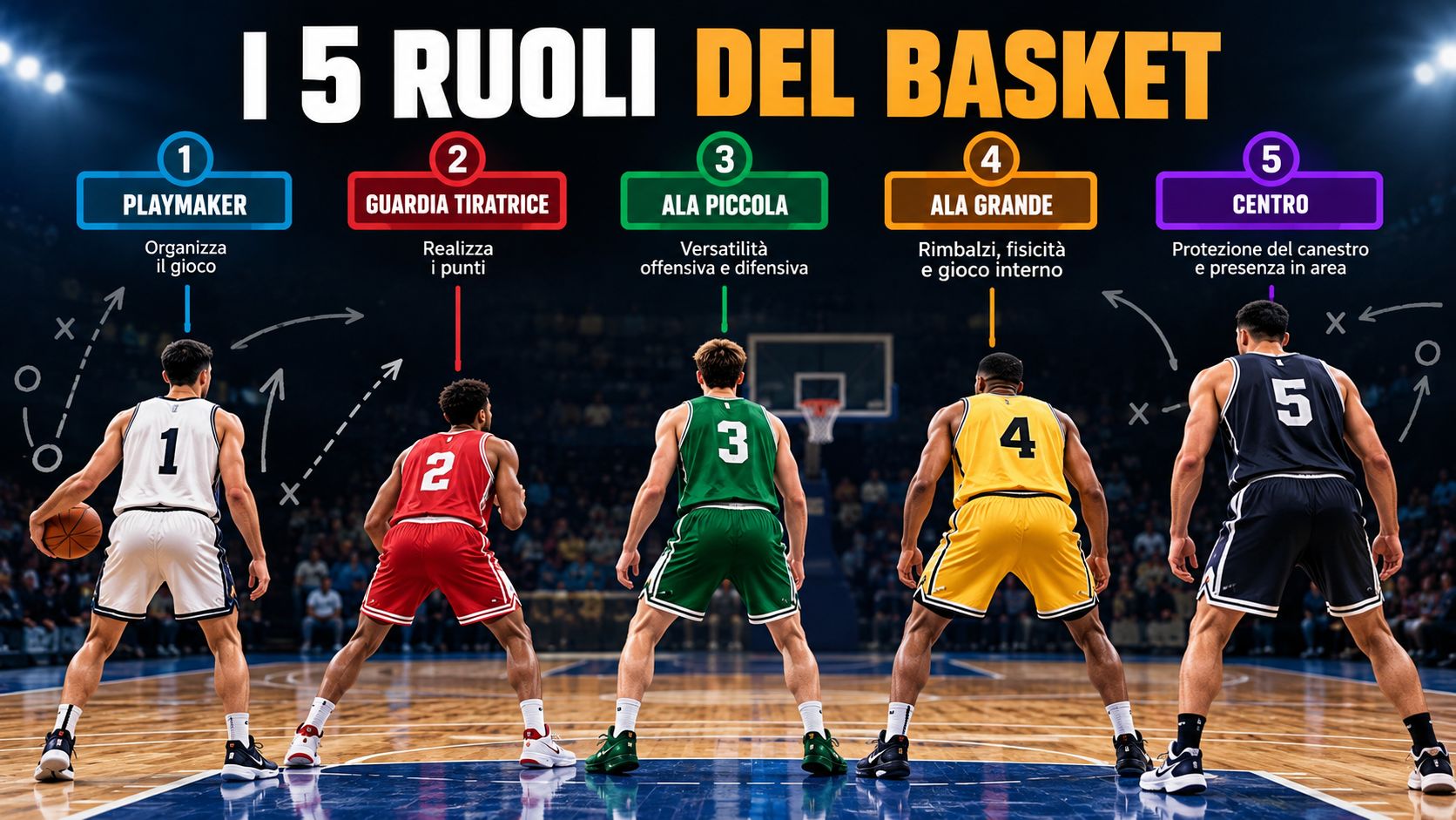 Ruoli basket: i cinque giocatori visti di spalle sul campo, con le posizioni di playmaker, guardia tiratrice, ala piccola, ala grande e centro.