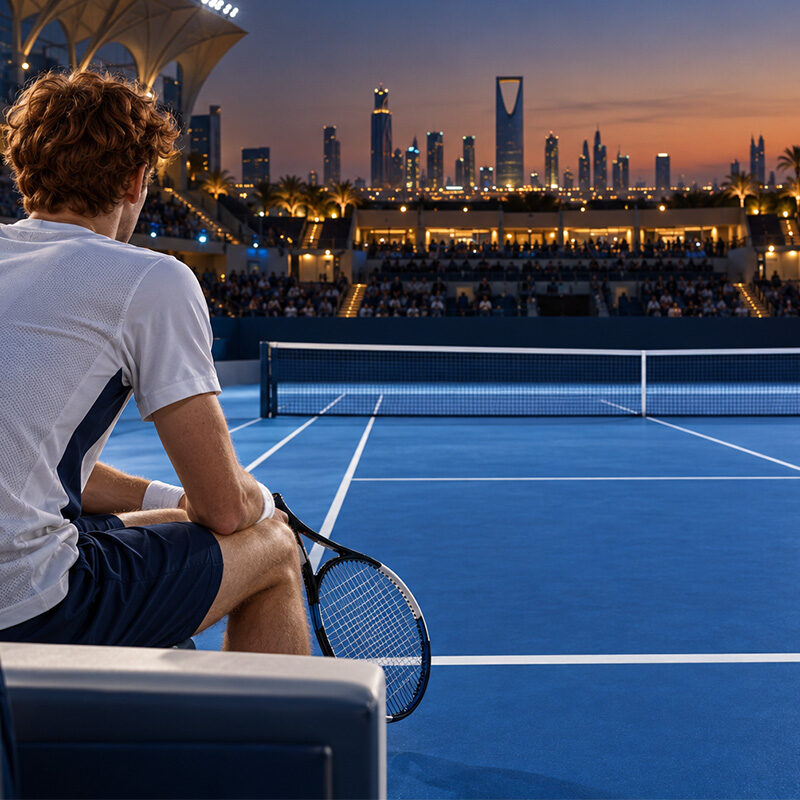 Sinner Six Kings Slam 2026: illustrazione di un tennista di spalle a bordo campo, con racchetta e skyline di Riad al tramonto.
