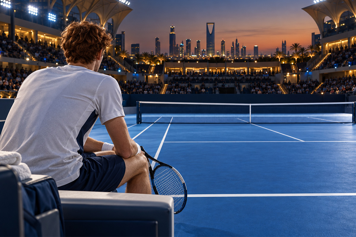 Sinner Six Kings Slam 2026: illustrazione di un tennista di spalle a bordo campo, con racchetta e skyline di Riad al tramonto.