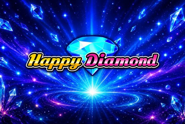 Slot Happy Diamond di Octavian Gaming, diamante azzurro luminoso con cristalli brillanti su sfondo blu stellato.