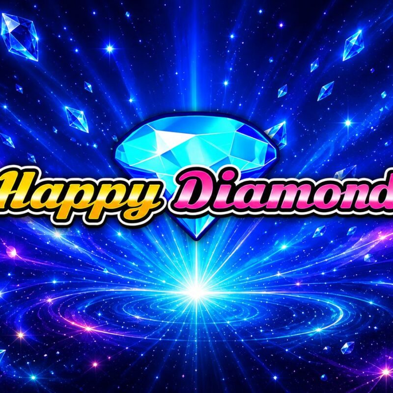 Slot Happy Diamond di Octavian Gaming, diamante azzurro luminoso con cristalli brillanti su sfondo blu stellato.