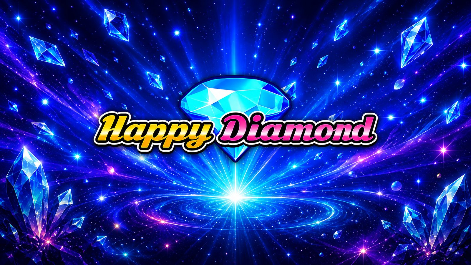 Slot Happy Diamond di Octavian Gaming, diamante azzurro luminoso con cristalli brillanti su sfondo blu stellato.