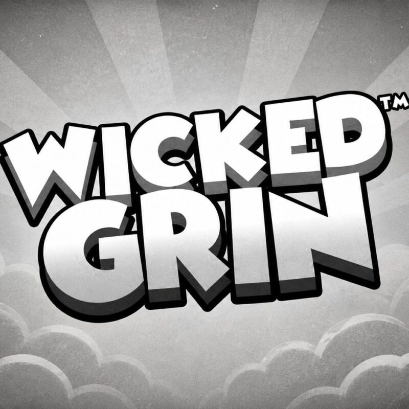Slot Wicked Grin di Hacksaw Gaming con logo in bianco e nero, scritte tridimensionali e sfondo vintage con nuvole e raggi luminosi.