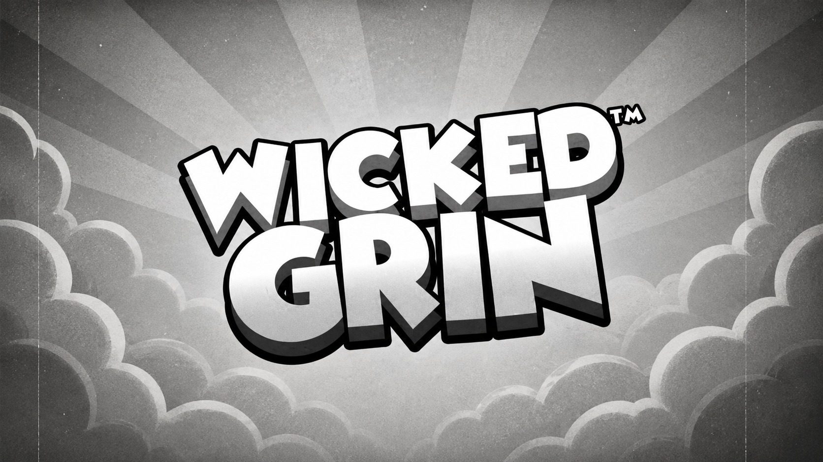 Slot Wicked Grin di Hacksaw Gaming con logo in bianco e nero, scritte tridimensionali e sfondo vintage con nuvole e raggi luminosi.