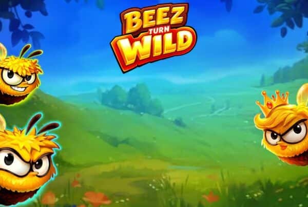 Slot Beez Turn Wild di Playson con tre api animate, logo del gioco e sfondo naturale caratterizzato da prati verdi e cielo azzurro.