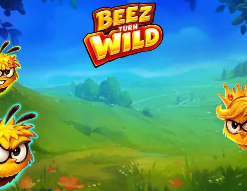 Slot Beez Turn Wild di Playson con tre api animate, logo del gioco e sfondo naturale caratterizzato da prati verdi e cielo azzurro.