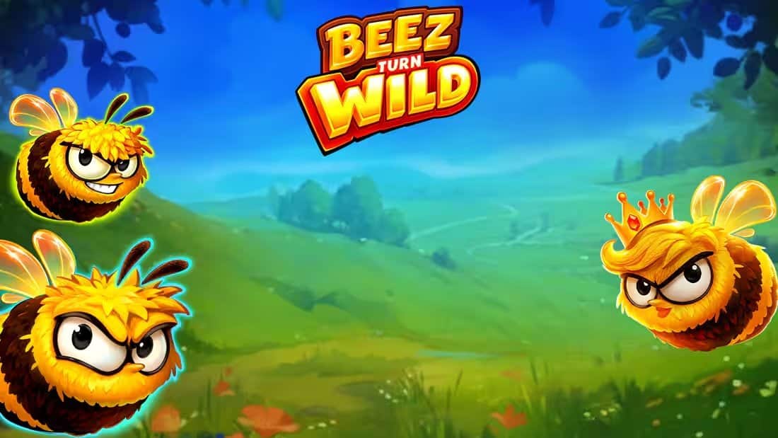 Slot Beez Turn Wild di Playson con tre api animate, logo del gioco e sfondo naturale caratterizzato da prati verdi e cielo azzurro.