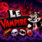 Slot Le Vampire di Hacksaw Gaming con logo del gioco, procione vampiro, castello gotico, luna rossa e simboli horror su sfondo viola.