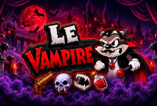 Slot Le Vampire di Hacksaw Gaming con logo del gioco, procione vampiro, castello gotico, luna rossa e simboli horror su sfondo viola.
