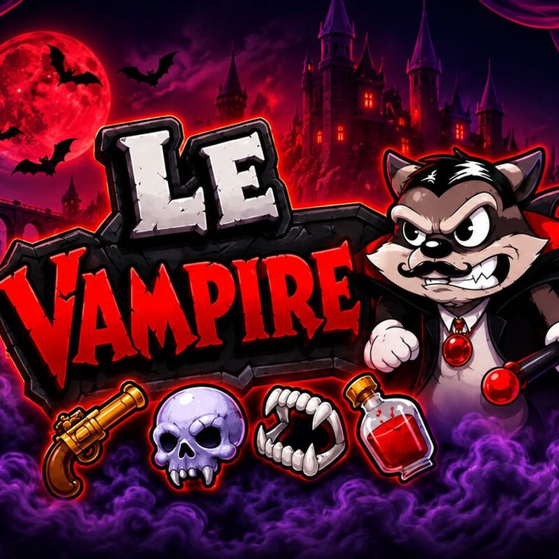 Slot Le Vampire di Hacksaw Gaming con logo del gioco, procione vampiro, castello gotico, luna rossa e simboli horror su sfondo viola.