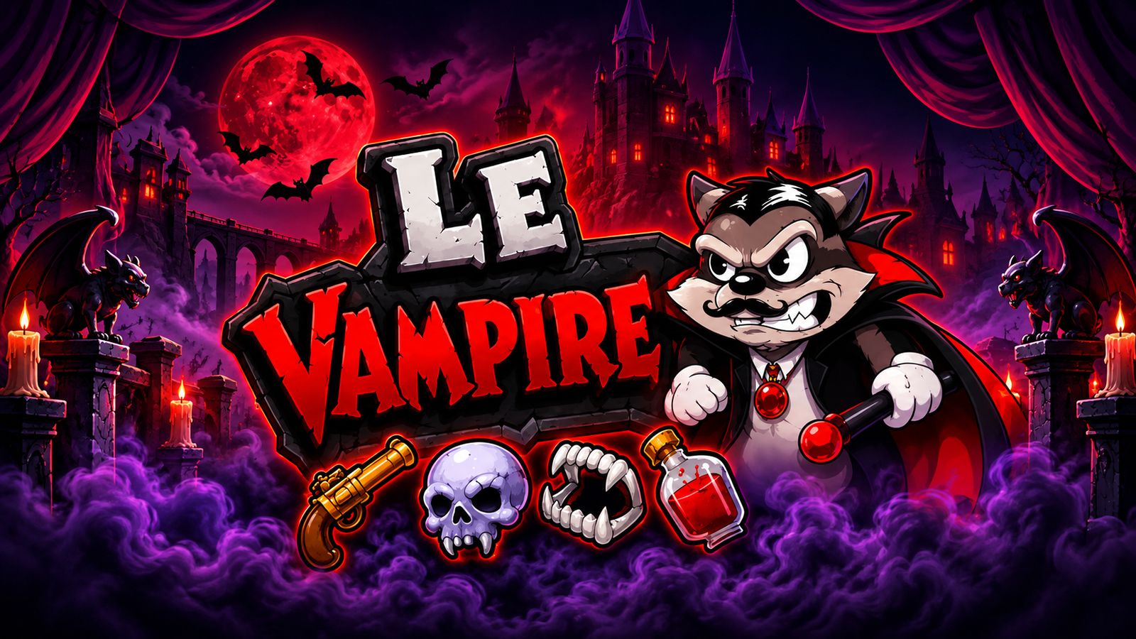 Slot Le Vampire di Hacksaw Gaming con logo del gioco, procione vampiro, castello gotico, luna rossa e simboli horror su sfondo viola.