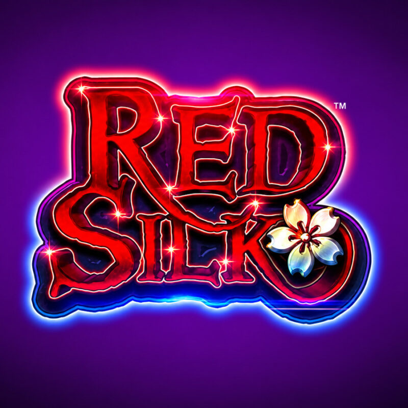 Slot Red Silk di AGS, logo ufficiale del gioco con scritta rossa luminosa, dettagli floreali e sfondo viola.