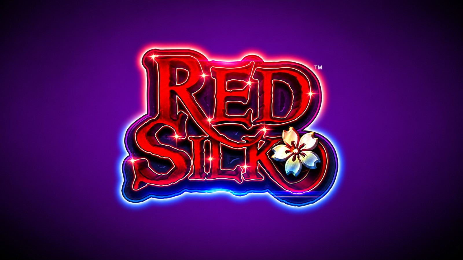 Slot Red Silk di AGS, logo ufficiale del gioco con scritta rossa luminosa, dettagli floreali e sfondo viola.