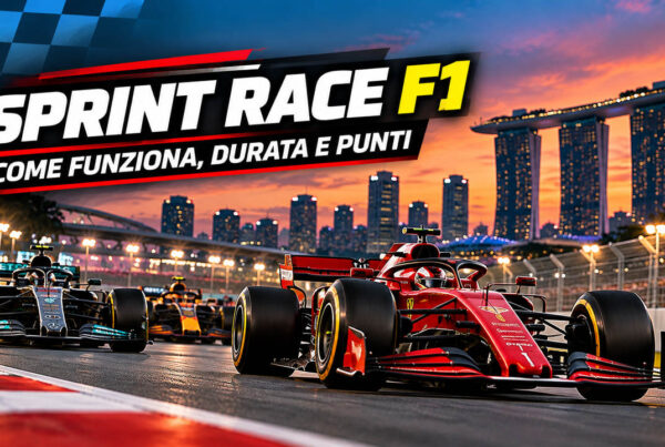 Sprint Race F1: monoposto di Formula 1 in pista a Singapore durante una gara breve, con titolo dedicato a regole, durata e punti.