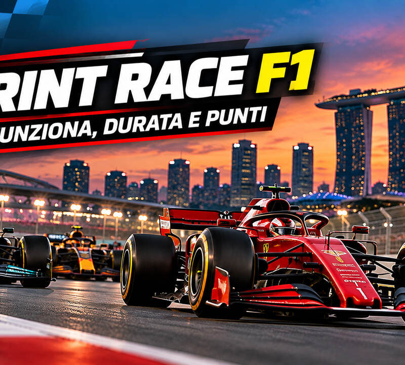 Sprint Race F1: monoposto di Formula 1 in pista a Singapore durante una gara breve, con titolo dedicato a regole, durata e punti.
