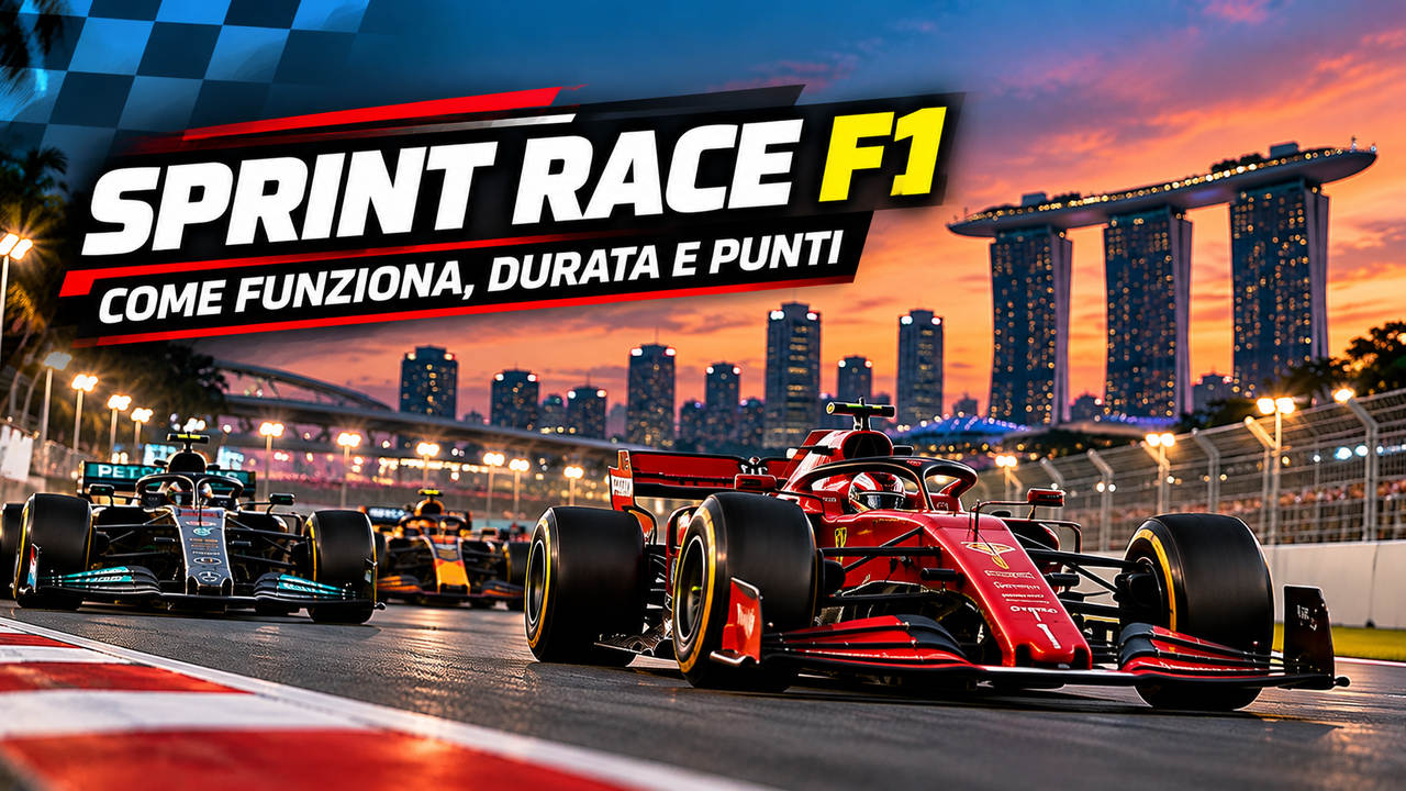 Sprint Race F1: monoposto di Formula 1 in pista a Singapore durante una gara breve, con titolo dedicato a regole, durata e punti.