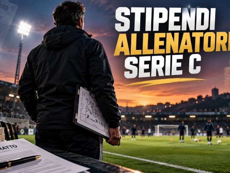 Stipendi allenatori Serie C: tecnico di calcio visto di spalle a bordo campo, con lavagna tattica, contratto e simboli dell'euro.