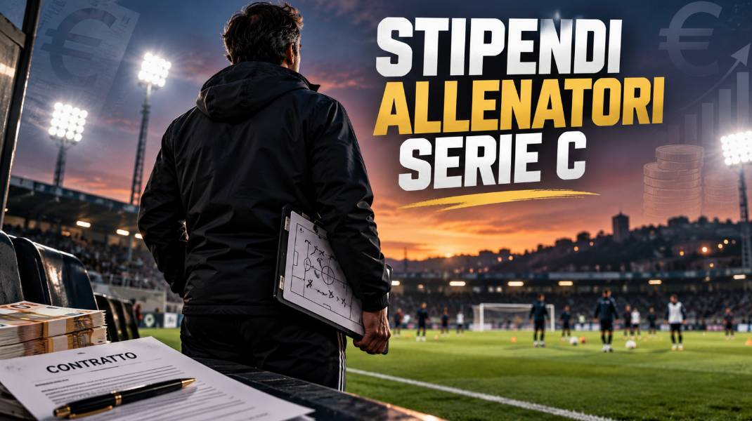 Stipendi allenatori Serie C: tecnico di calcio visto di spalle a bordo campo, con lavagna tattica, contratto e simboli dell'euro.