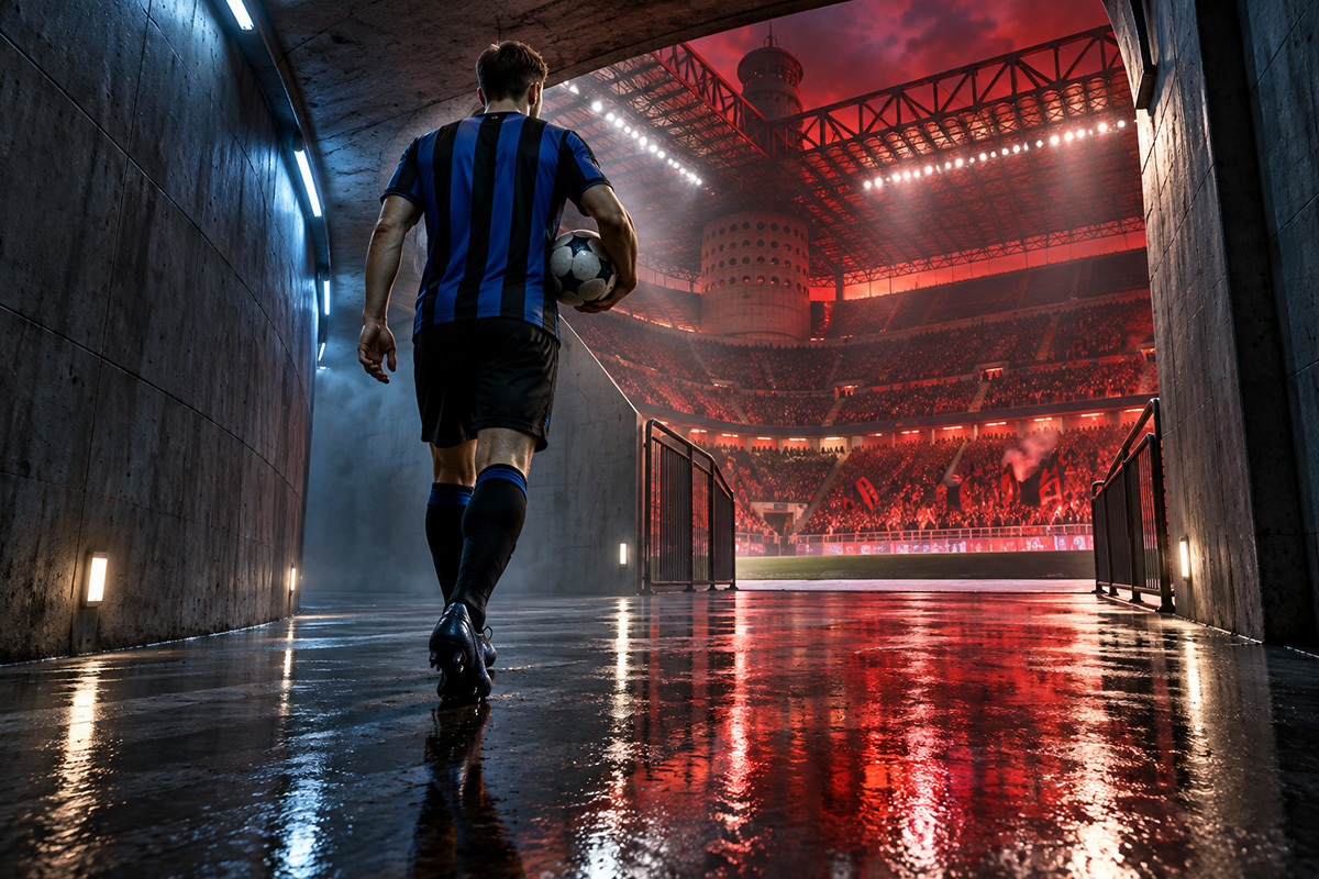 Tresoldi Milan: illustrazione di un calciatore di spalle nel tunnel di San Siro, tra luci blu e riflessi rossoneri.