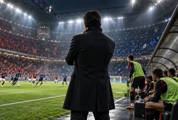 Turnover in Serie A: allenatore di spalle a bordo campo osserva la partita, con i giocatori di riserva in panchina.