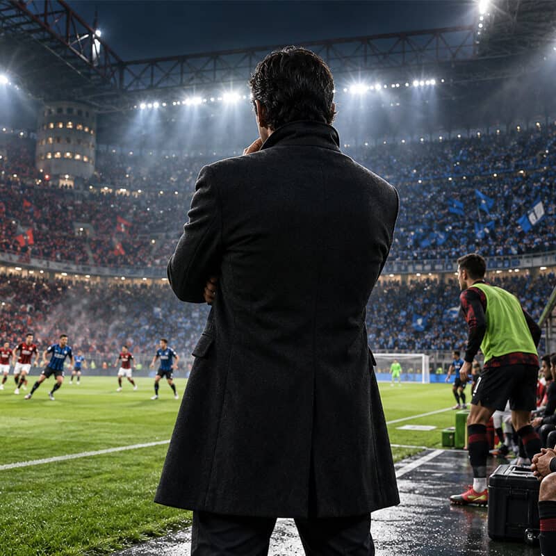 Turnover in Serie A: allenatore di spalle a bordo campo osserva la partita, con i giocatori di riserva in panchina.