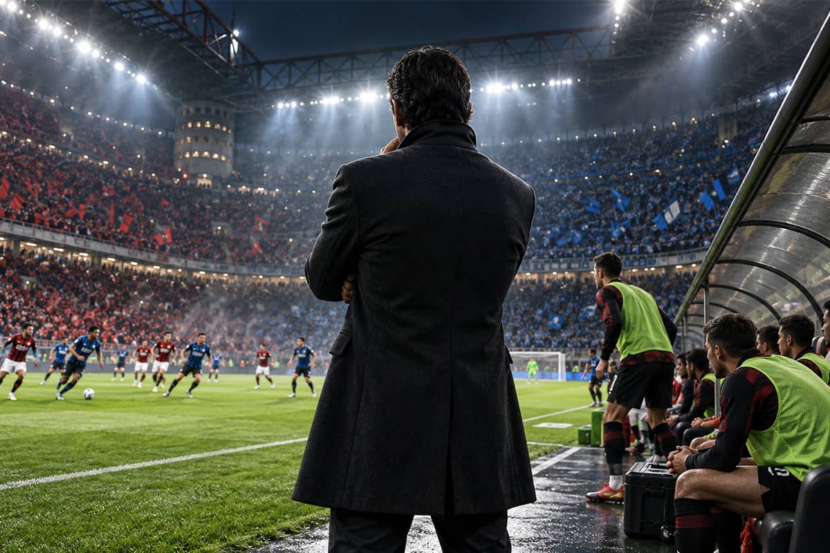 Turnover in Serie A: allenatore di spalle a bordo campo osserva la partita, con i giocatori di riserva in panchina.