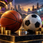 Valore dei club sportivi: palloni da basket e calcio affiancati da monete dorate, con arena e stadio illuminati sullo sfondo.