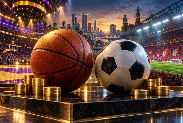 Valore dei club sportivi: palloni da basket e calcio affiancati da monete dorate, con arena e stadio illuminati sullo sfondo.