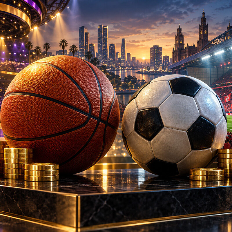 Valore dei club sportivi: palloni da basket e calcio affiancati da monete dorate, con arena e stadio illuminati sullo sfondo.