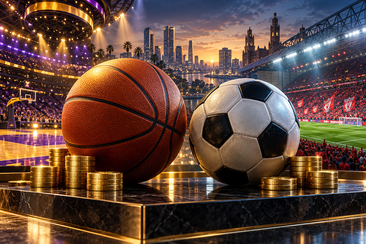 Valore dei club sportivi: palloni da basket e calcio affiancati da monete dorate, con arena e stadio illuminati sullo sfondo.